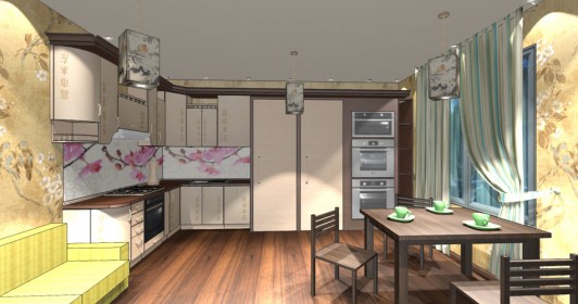 Интерьер кухни 12кв.м. в японском стиле 